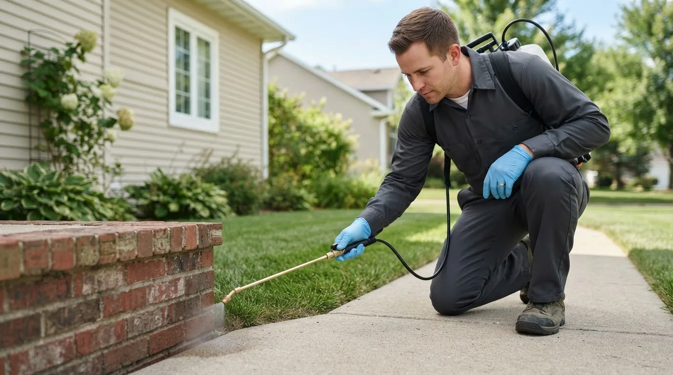 Pest control technician treating a home near Roundup, MT